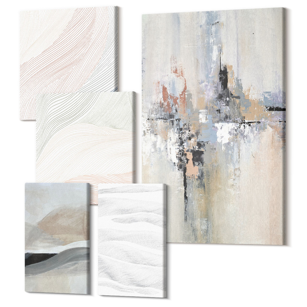 Set tablouri 5 piese Compoziții abstracte în nuanțe și forme delicate