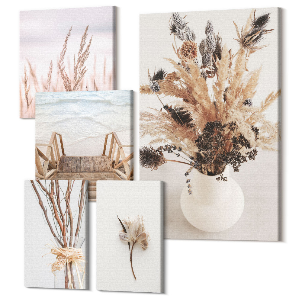 Set tablouri 5 piese Decoratiuni elegante cu plante uscate si peisaje acvatice