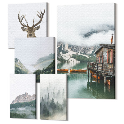 Tablouri canvas set 5 piese Peisaje montane cu animale sălbatice și un lac