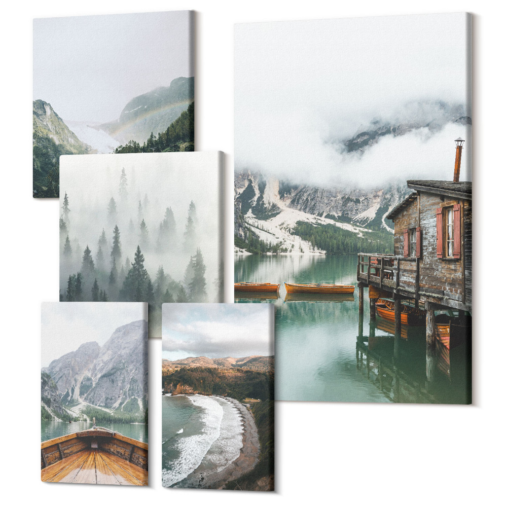 Set tablouri 5 piese Peisaje montane cu cabane pe malul apei și păduri