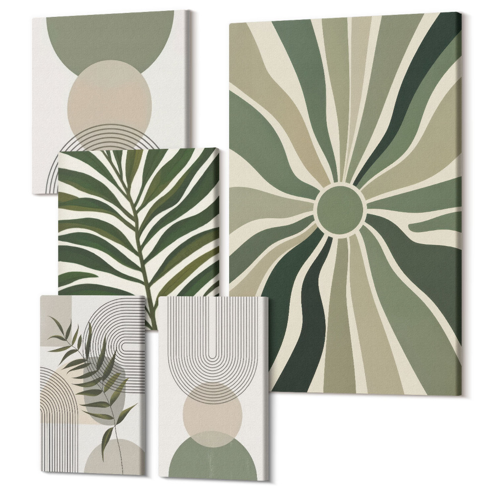 Set tablouri 5 piese Grafică elegantă în nuanțe de verde cu motive vegetale și geometrice