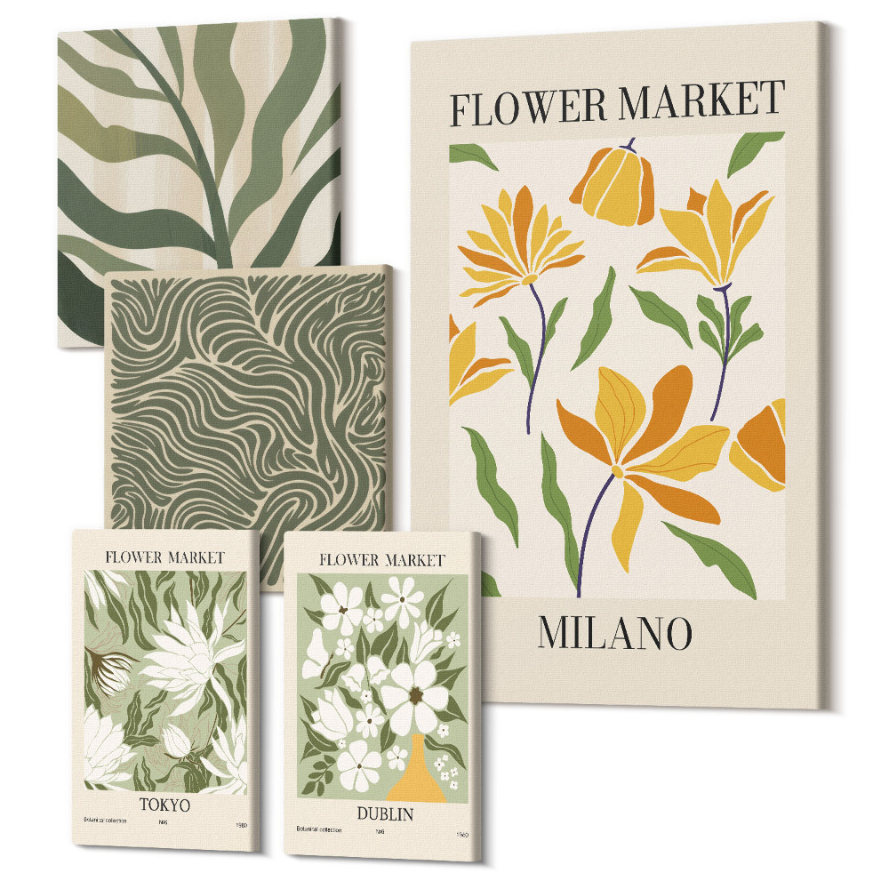 Tablouri canvas set 5 piese Plantează motive florale într-un stil modern și minimalist