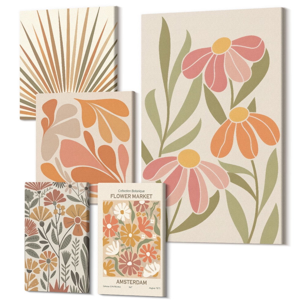 Set tablouri 5 piese Motive florale și forme geometrice în stil boho