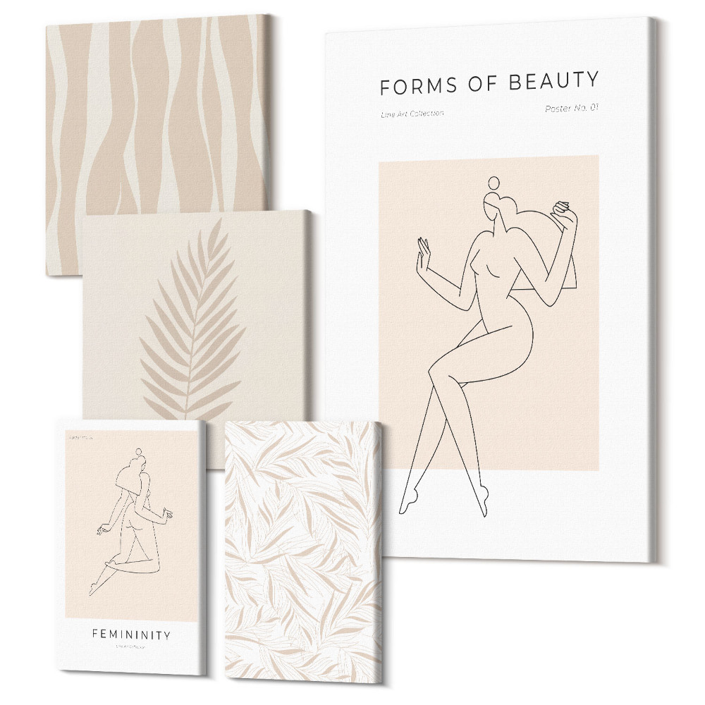Set tablouri 5 piese Grafică elegantă cu siluete feminine și motive vegetale