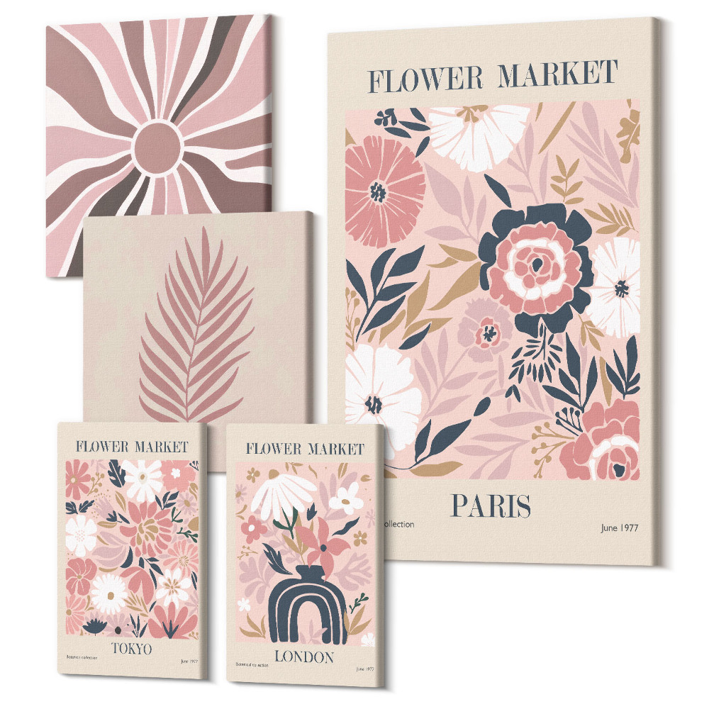 Set tablouri 5 piese Piețe de flori din orașele lumii în stil boho