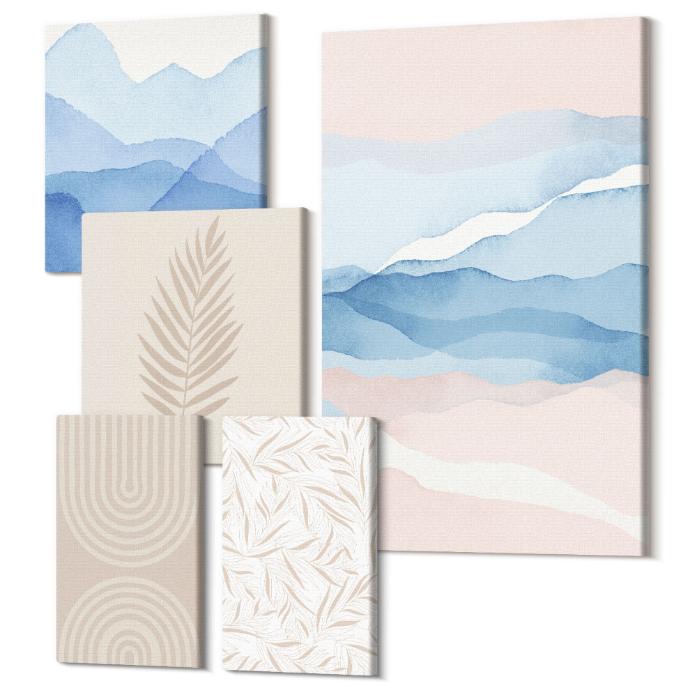 Set tablouri 5 piese Peisaje abstracte în nuanțe pastelate cu frunze