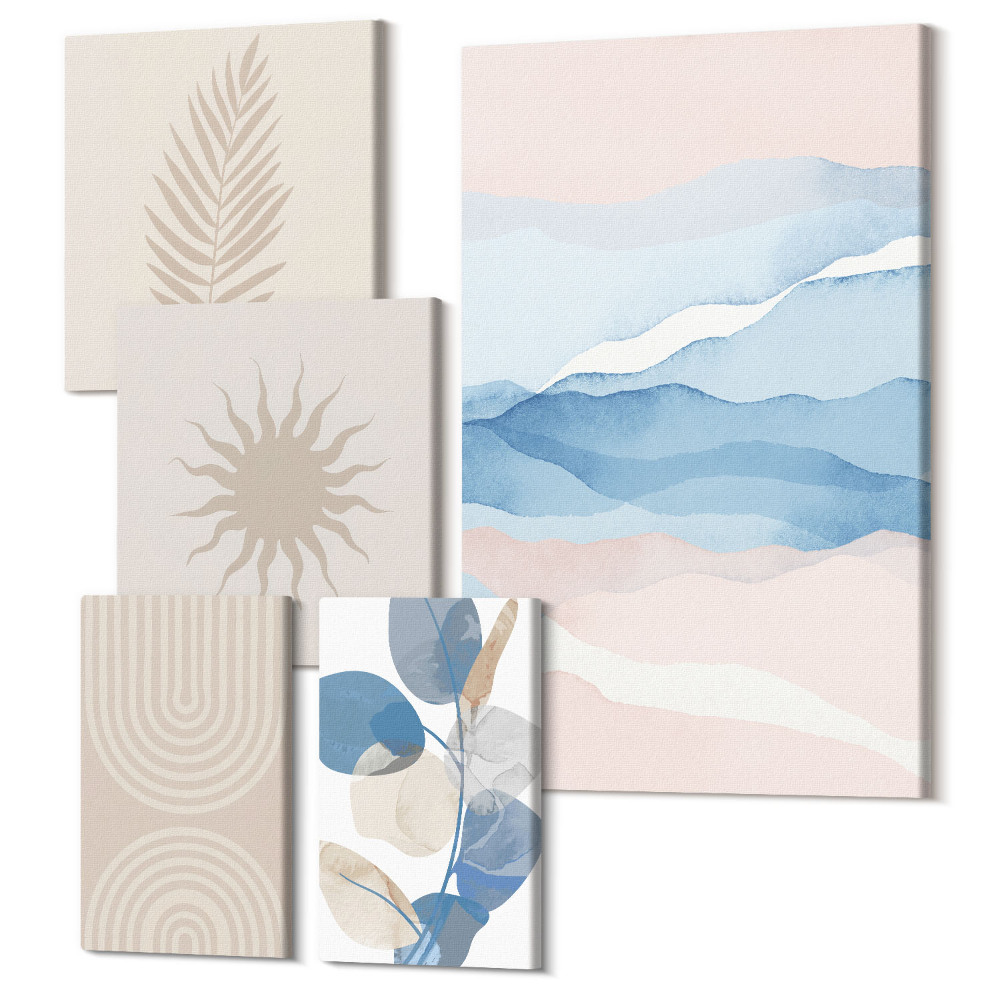 Tablouri canvas set 5 piese Compoziții abstracte cu motive vegetale și valuri