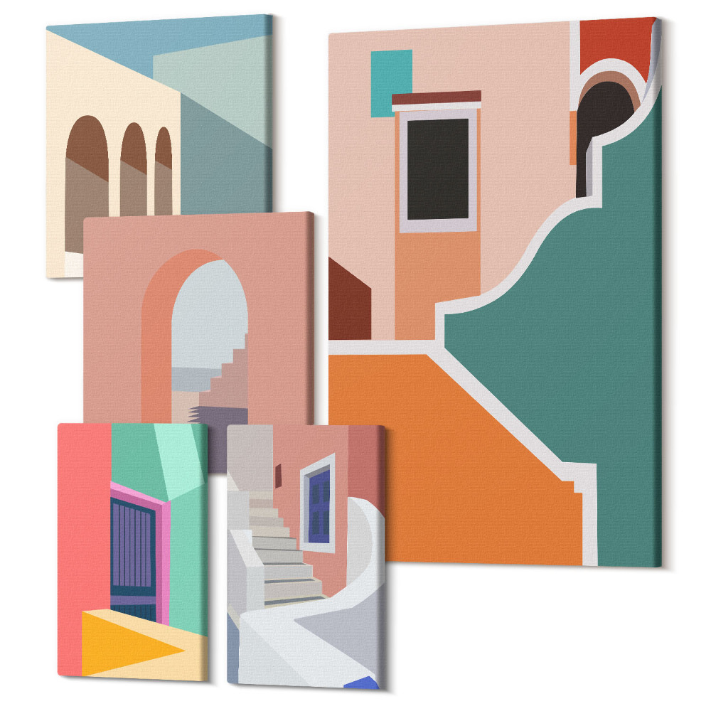 Tablouri canvas set 5 piese Ilustrații colorate ale clădirilor în stil modern
