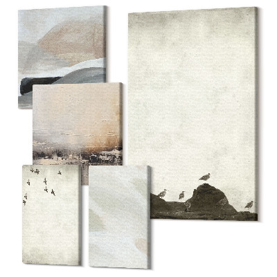 Set tablouri 5 piese Decorații minimaliste cu păsări, pietre și pensule