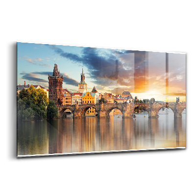 Tablou pe sticlă Panoramă a orașului și a podului