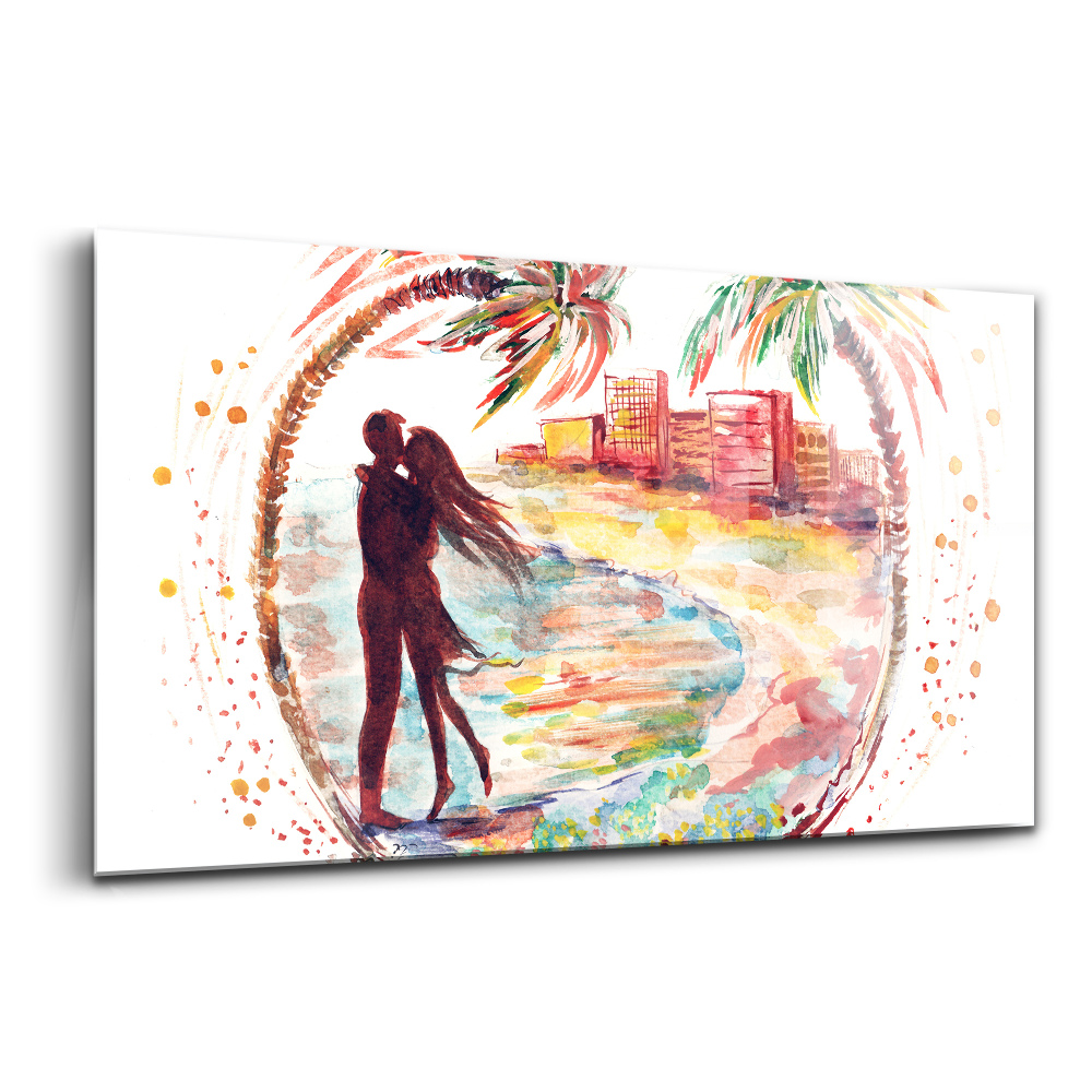 Tablou sticlă Dragoste în acuarelă pe plaja din Miami