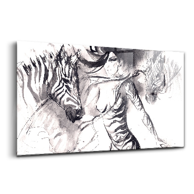 Tablou sticlă Femeie între zebre abstracte