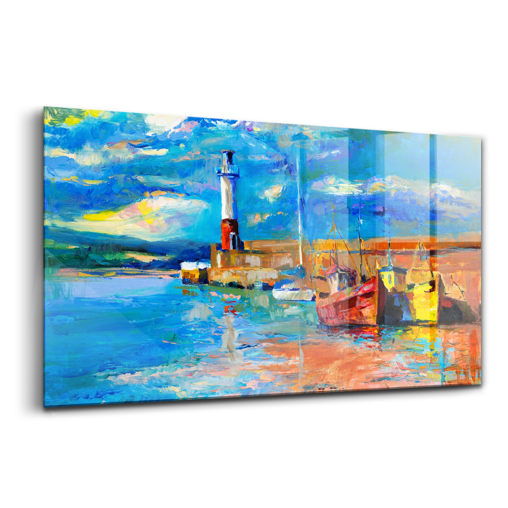 Tablou pe sticlă Far și bărci