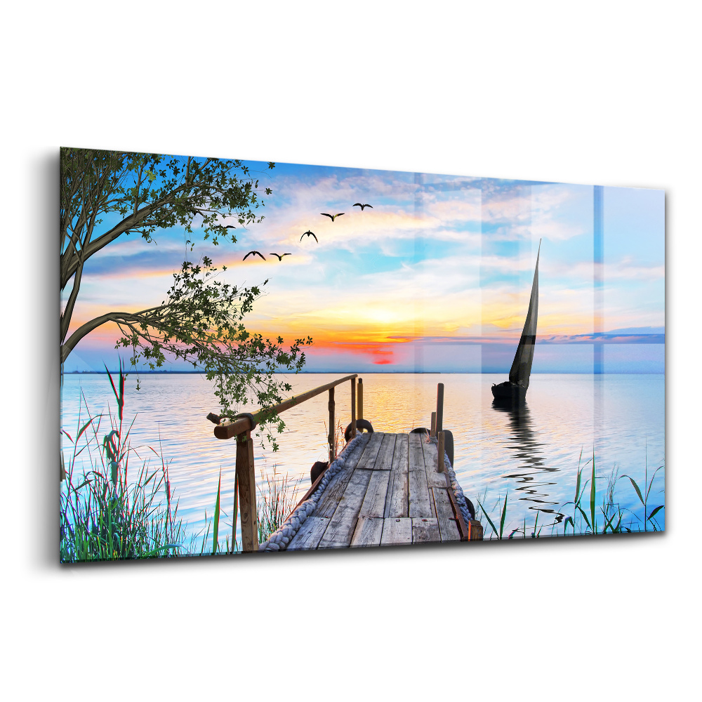 Tablou pe sticlă Peisaj natural cu lac și barcă