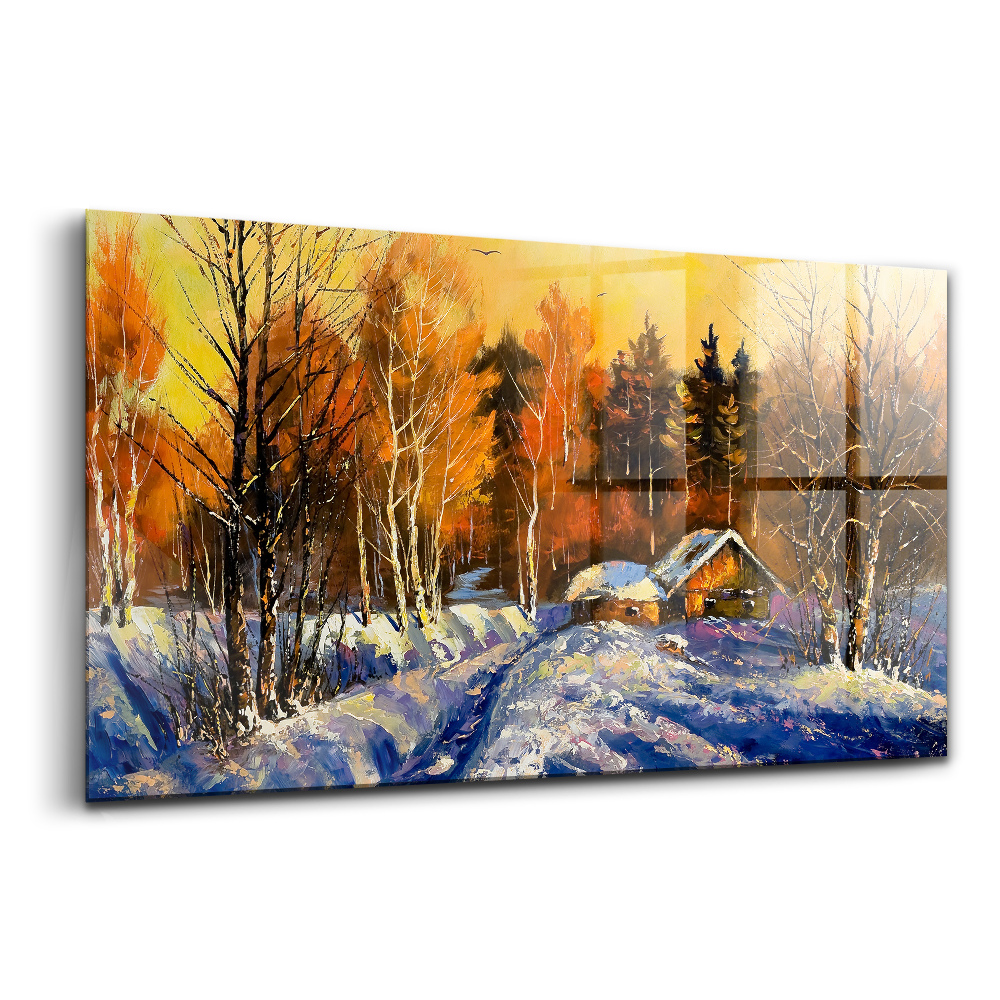 Tablou sticlă Seară în satul de iarnă