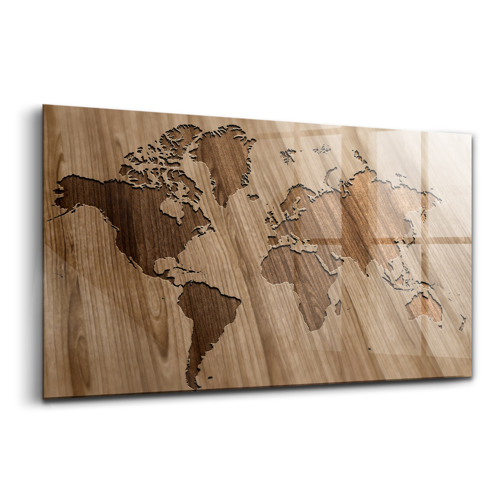 Tablou pe sticlă Hartă a lumii pe lemn