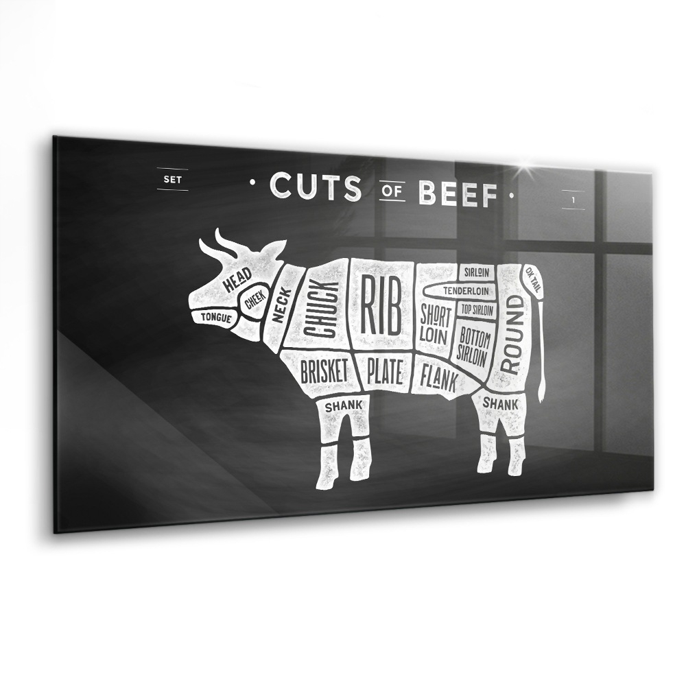 Tablou sticlă Diagrama măcelarului de poster cu vacă