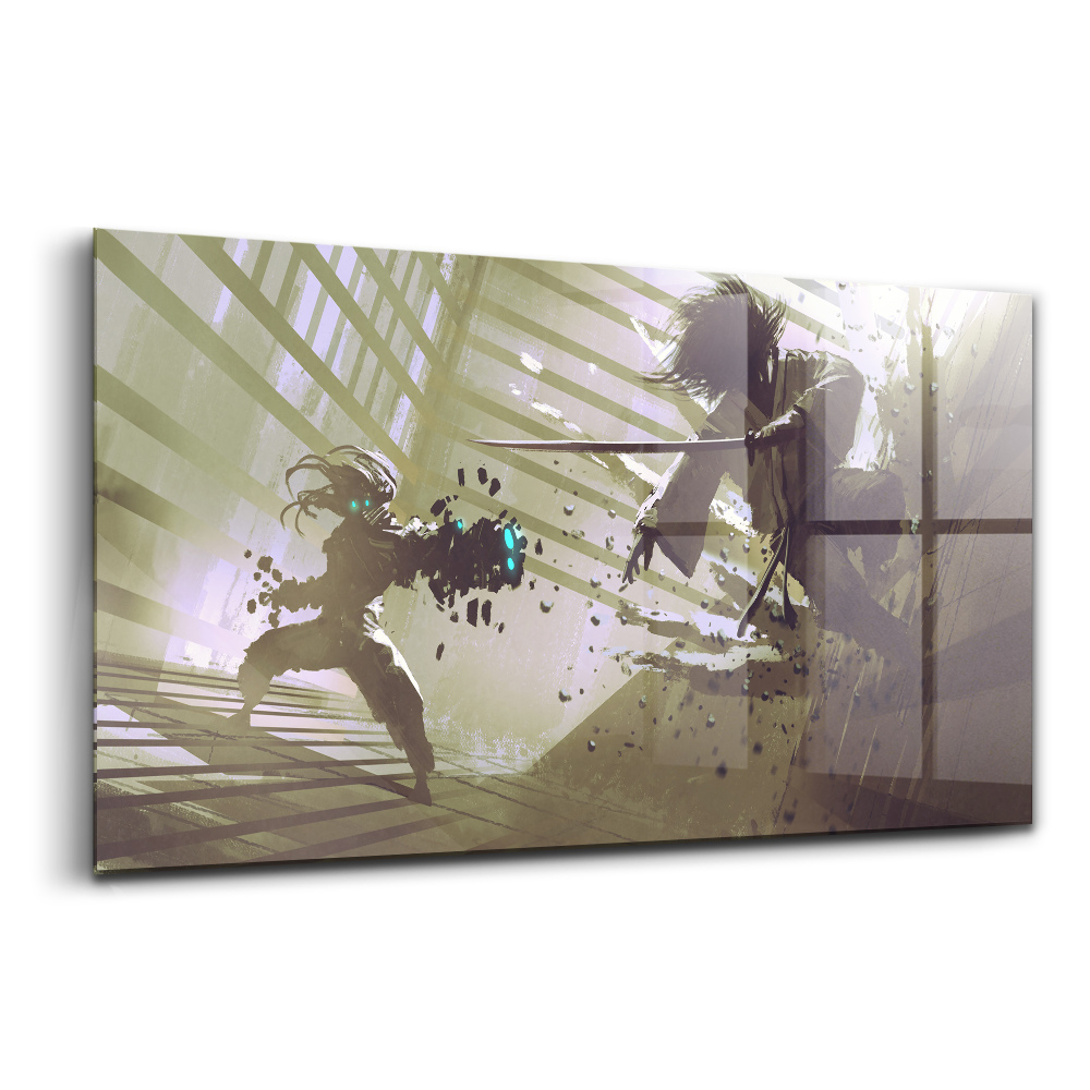 Tablou pe sticlă Luptă cu roboți samurai