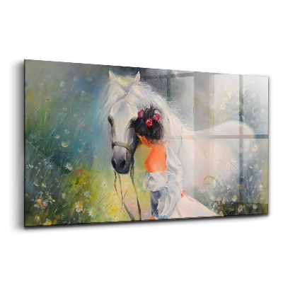 Tablou sticlă Femeie frumoasă cu un cal