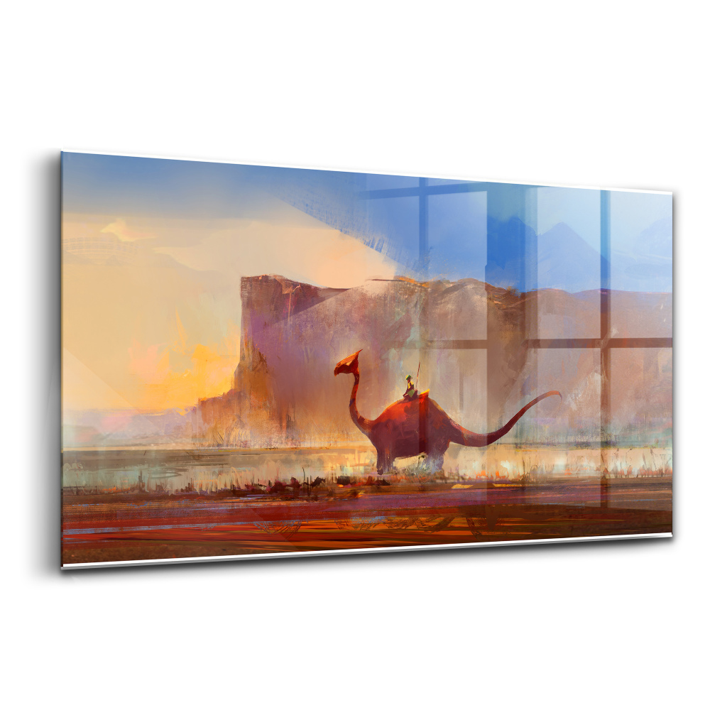 Tablou pe sticlă Dinozaur cu munți în fundal