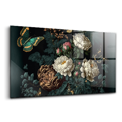 Tablou pe sticlă Flori botanice fluturi aurii