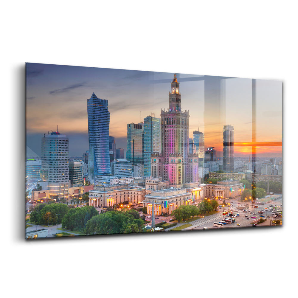 Tablou sticlă Panoramă apus de soare Varșovia