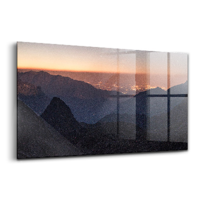 Tablou pe sticlă Munți la apus