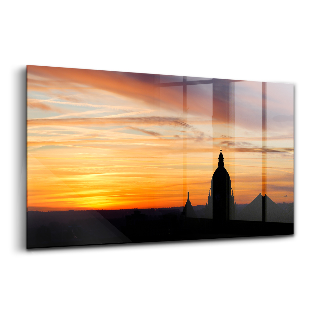 Tablou pe sticlă Clădire la apus
