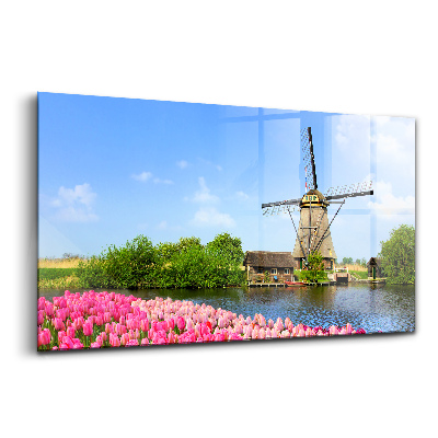 Tablou din sticlă Moară de vânt olandeză cu flori
