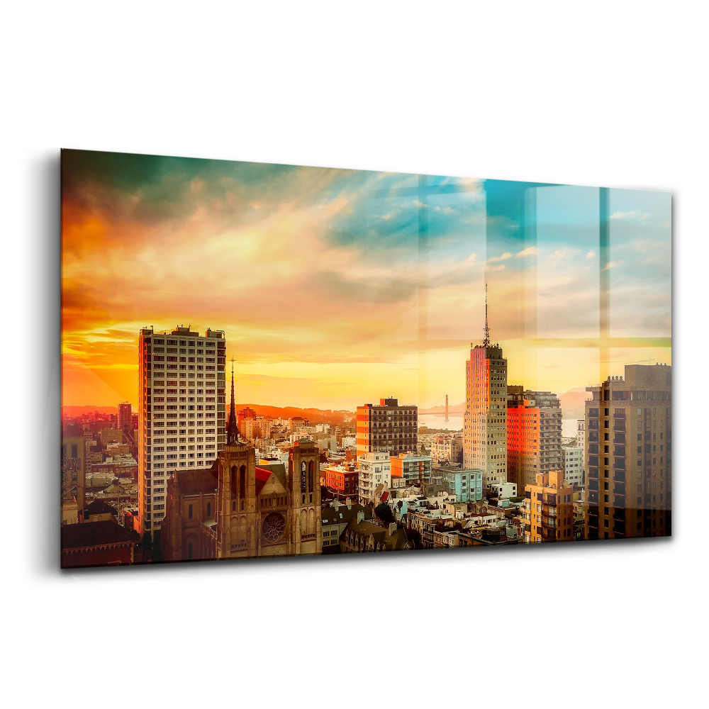 Tablou din sticlă Panoramă a orașului la răsăritul soarelui