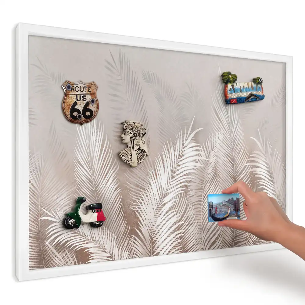 Panou magnetic decorativ cu model frunze albe pe fundal bej
