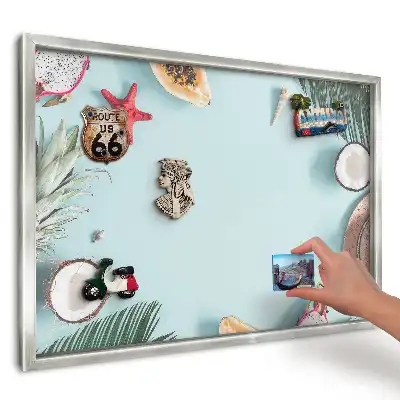 Tablă metalică de perete cu ramă decorată cu fructe și scoici pastelate
