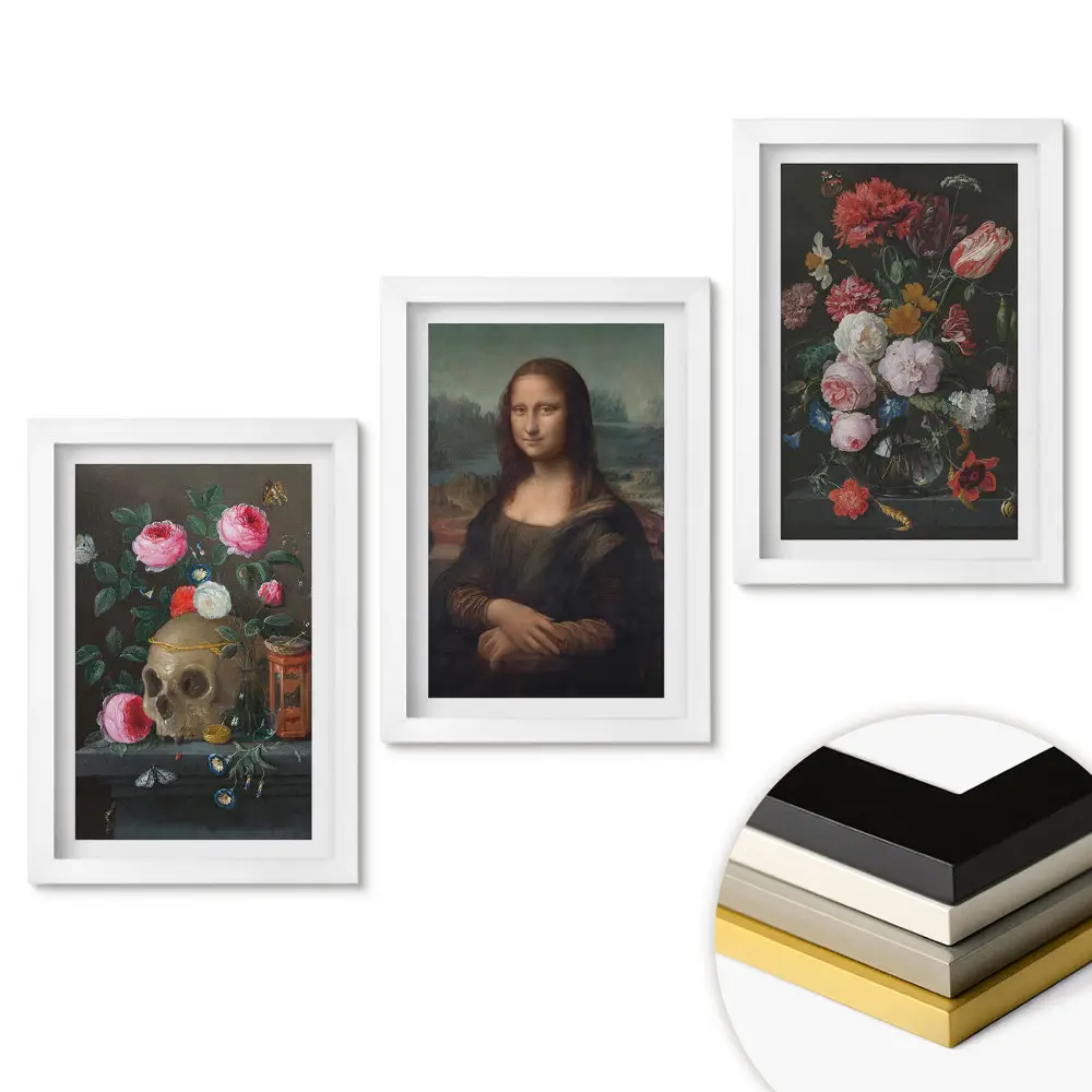 Set de tablouri pentru living cu artă clasică și flori moderne