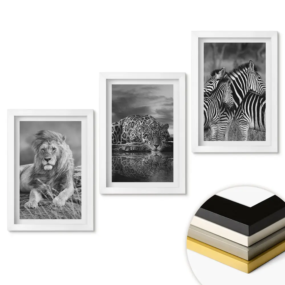 Set de tablouri pentru living cu tematică de natură sălbatică în stil monocrom