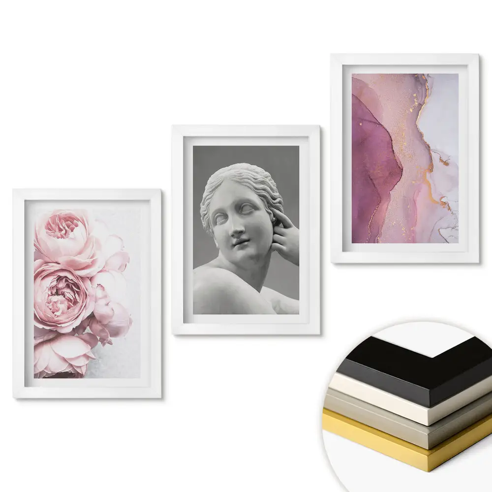 Set 3 tablouri pentru dormitor cu design artistic floral, sculptură și abstracție