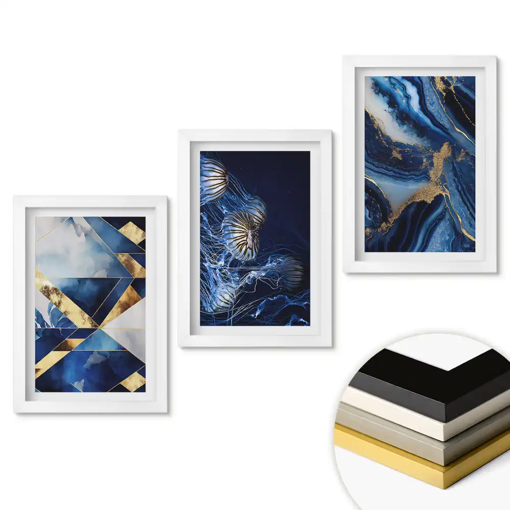 Set 3 tablouri dormitor Eleganță în nuanțe de albastru și auriu