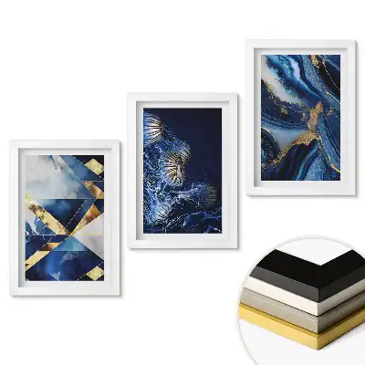 Set 3 tablouri pentru dormitor cu design elegant în nuanțe de albastru și auriu