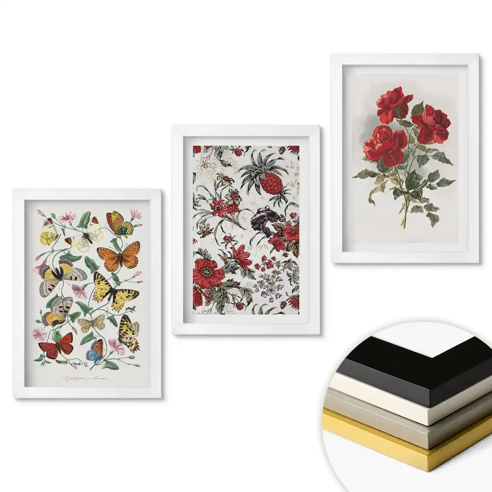 Set 3 tablouri dormitor Flori și fluturi într-o combinație armonioasă
