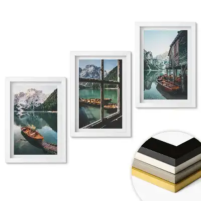 Set de 3 tablouri pentru dormitor cu peisaj montan și bărci pe lac