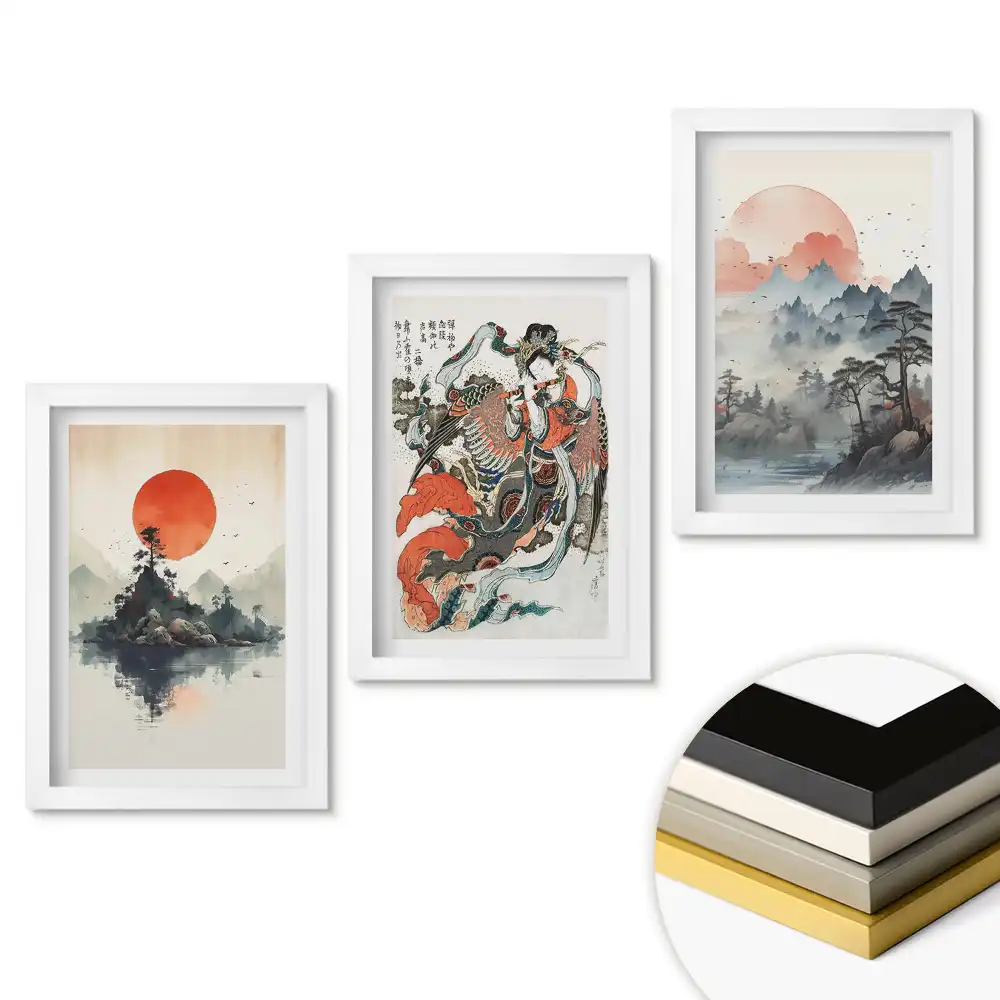 Set 3 tablouri pentru dormitor cu peisaje japoneze și soare roșu