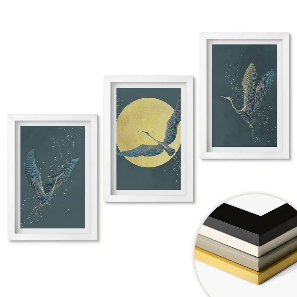 Set de 3 tablouri pentru dormitor Păsări înaripate în lumina lunii