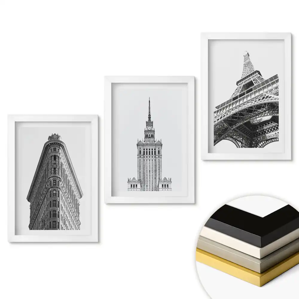 Set 3 tablouri pentru dormitor cu design de icoane arhitecturale monocromatice