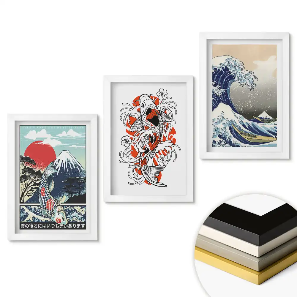 Set tablouri pentru living cu artă japoneză Valuri și crap