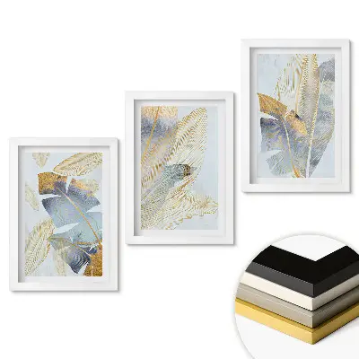 Set de tablouri pentru living cu frunze aurii pe fundal delicat