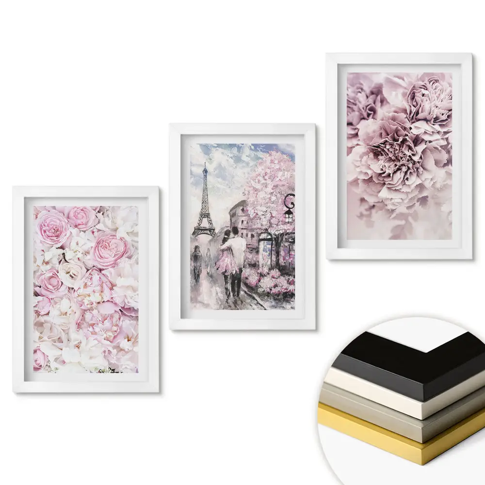 Set de 3 tablouri pentru dormitor cu design floral în nuanțe de roz