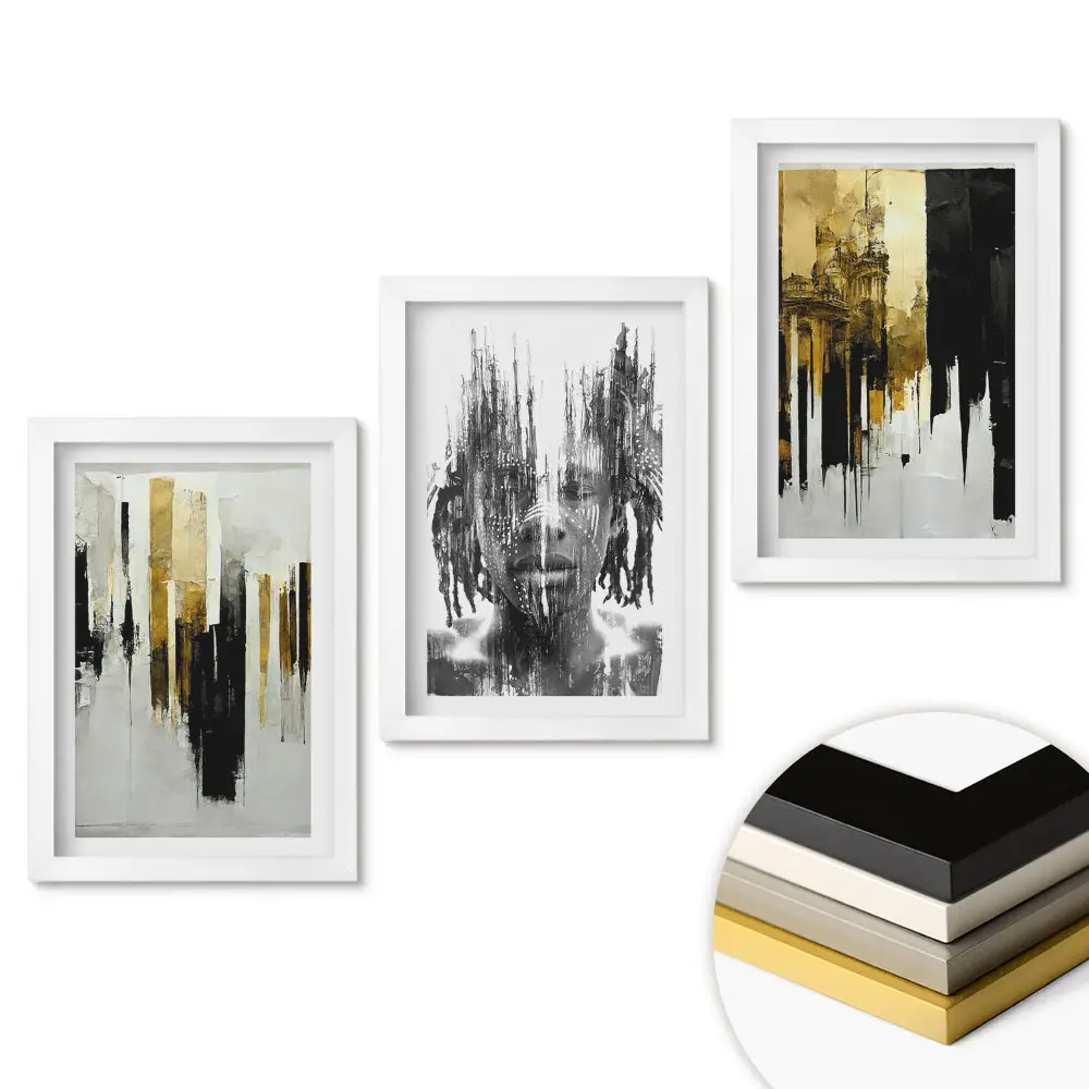 Set de tablouri pentru living cu design abstract negru și auriu