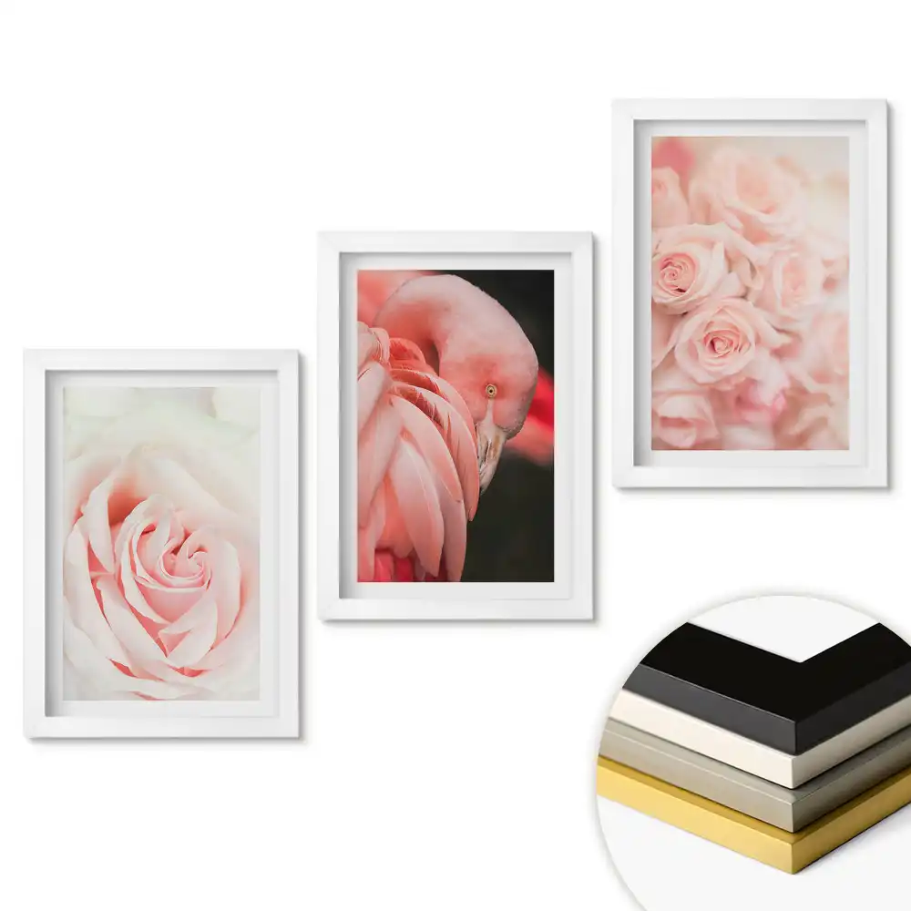 Set 3 tablouri dormitor Nuanțe delicate de roz și flori