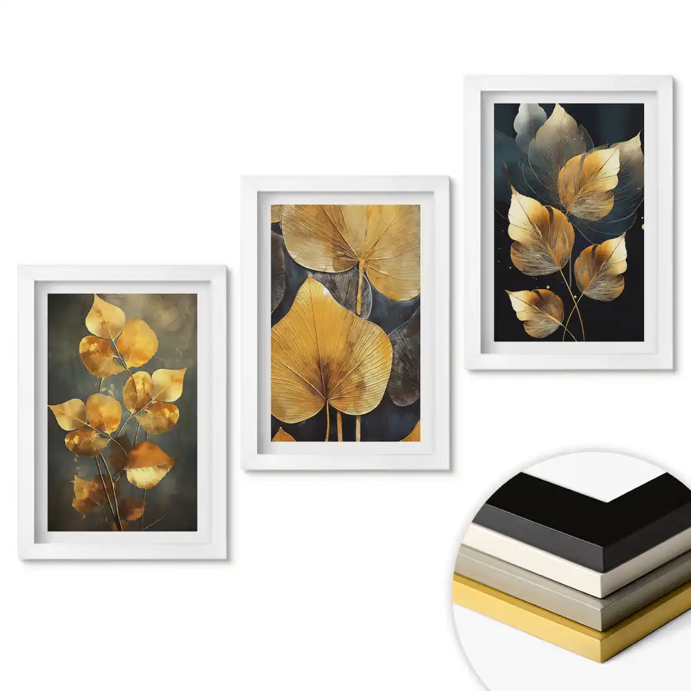 Set de tablouri pentru living cu frunze aurii elegante