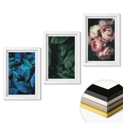 Set 3 tablouri dormitor Frunze verzi și flori roz