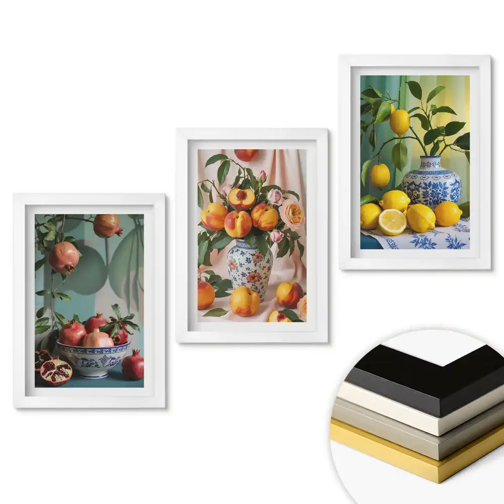 Set de 3 tablouri pentru dormitor cu compoziții de fructe în culori delicate